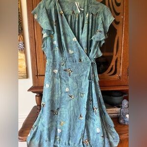 Anthropologie Blue Wrap Dress with Butterflies